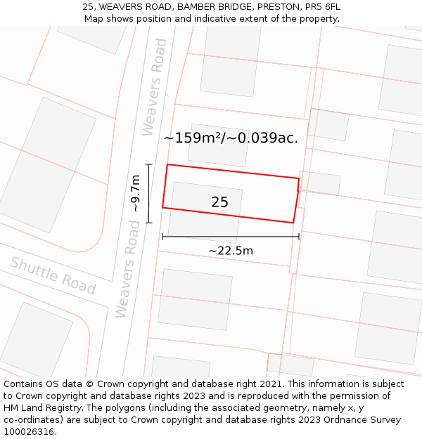 25, WEAVERS ROAD, BAMBER BRIDGE, PRESTON, PR5 6FL: Plot and title map