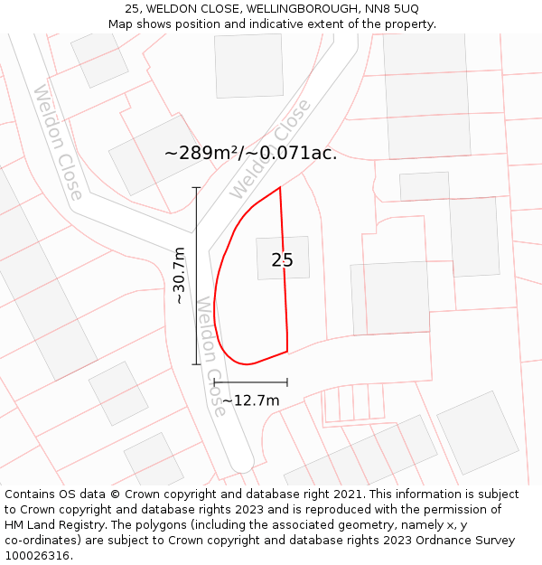 25, WELDON CLOSE, WELLINGBOROUGH, NN8 5UQ: Plot and title map