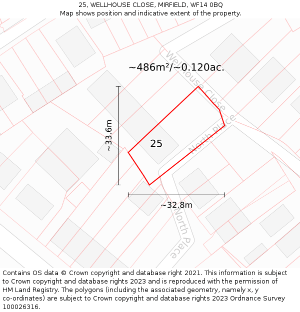 25, WELLHOUSE CLOSE, MIRFIELD, WF14 0BQ: Plot and title map