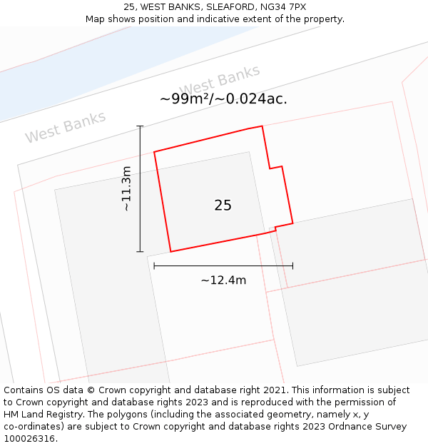 25, WEST BANKS, SLEAFORD, NG34 7PX: Plot and title map