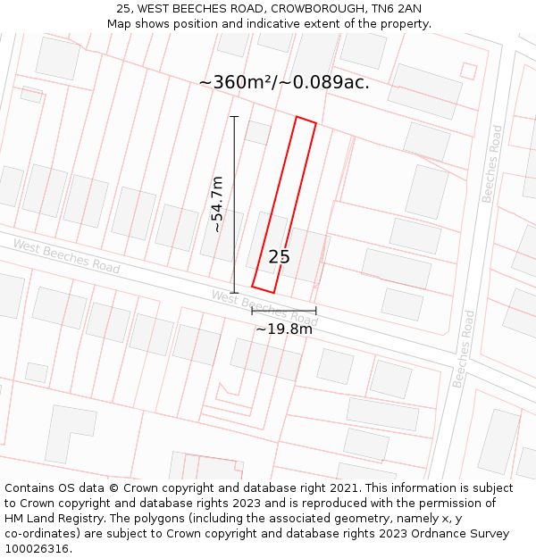 25, WEST BEECHES ROAD, CROWBOROUGH, TN6 2AN: Plot and title map