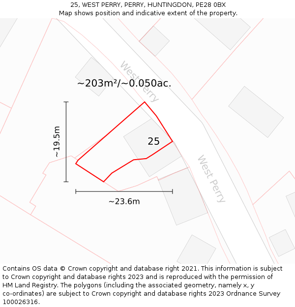 25, WEST PERRY, PERRY, HUNTINGDON, PE28 0BX: Plot and title map