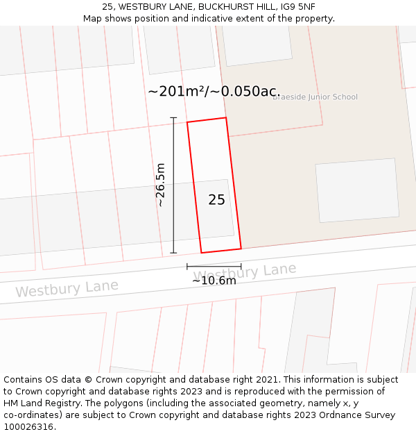 25, WESTBURY LANE, BUCKHURST HILL, IG9 5NF: Plot and title map