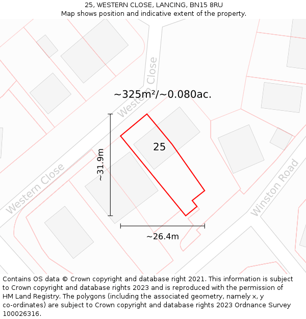 25, WESTERN CLOSE, LANCING, BN15 8RU: Plot and title map