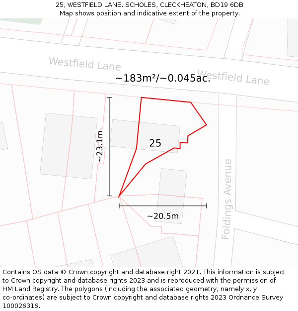 25, WESTFIELD LANE, SCHOLES, CLECKHEATON, BD19 6DB: Plot and title map