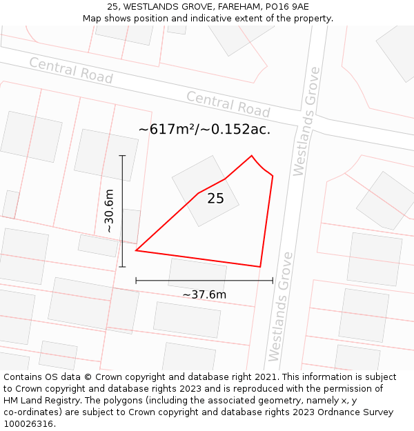 25, WESTLANDS GROVE, FAREHAM, PO16 9AE: Plot and title map