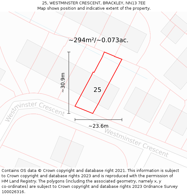 25, WESTMINSTER CRESCENT, BRACKLEY, NN13 7EE: Plot and title map