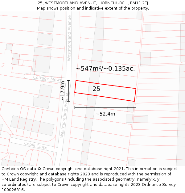 25, WESTMORELAND AVENUE, HORNCHURCH, RM11 2EJ: Plot and title map