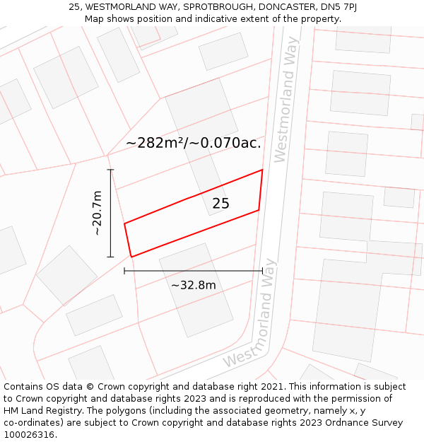 25, WESTMORLAND WAY, SPROTBROUGH, DONCASTER, DN5 7PJ: Plot and title map