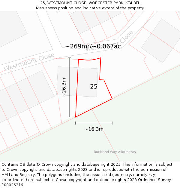 25, WESTMOUNT CLOSE, WORCESTER PARK, KT4 8FL: Plot and title map
