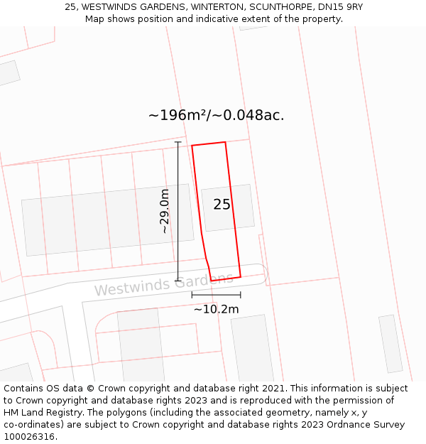 25, WESTWINDS GARDENS, WINTERTON, SCUNTHORPE, DN15 9RY: Plot and title map