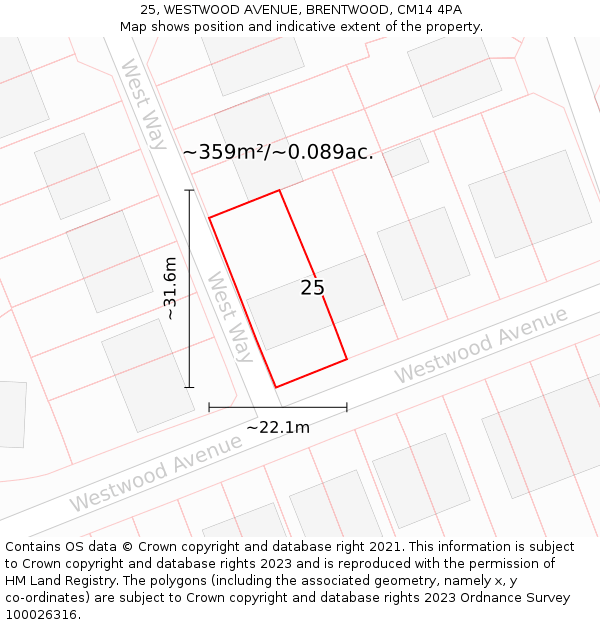 25, WESTWOOD AVENUE, BRENTWOOD, CM14 4PA: Plot and title map