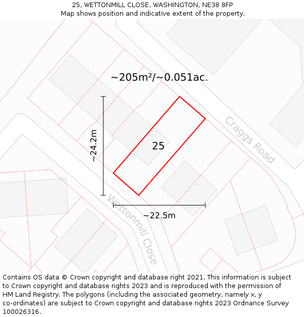 25, WETTONMILL CLOSE, WASHINGTON, NE38 8FP: Plot and title map