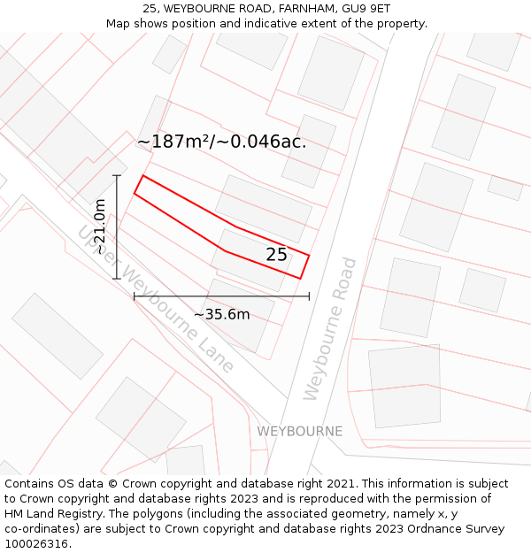 25, WEYBOURNE ROAD, FARNHAM, GU9 9ET: Plot and title map