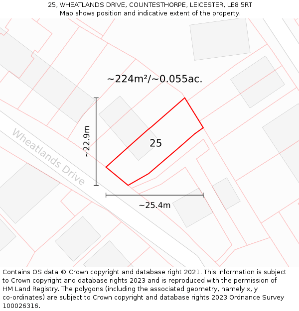 25, WHEATLANDS DRIVE, COUNTESTHORPE, LEICESTER, LE8 5RT: Plot and title map