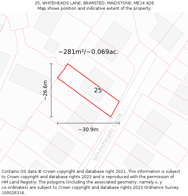 25, WHITEHEADS LANE, BEARSTED, MAIDSTONE, ME14 4DE: Plot and title map