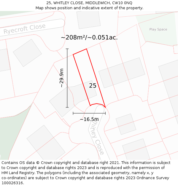 25, WHITLEY CLOSE, MIDDLEWICH, CW10 0NQ: Plot and title map