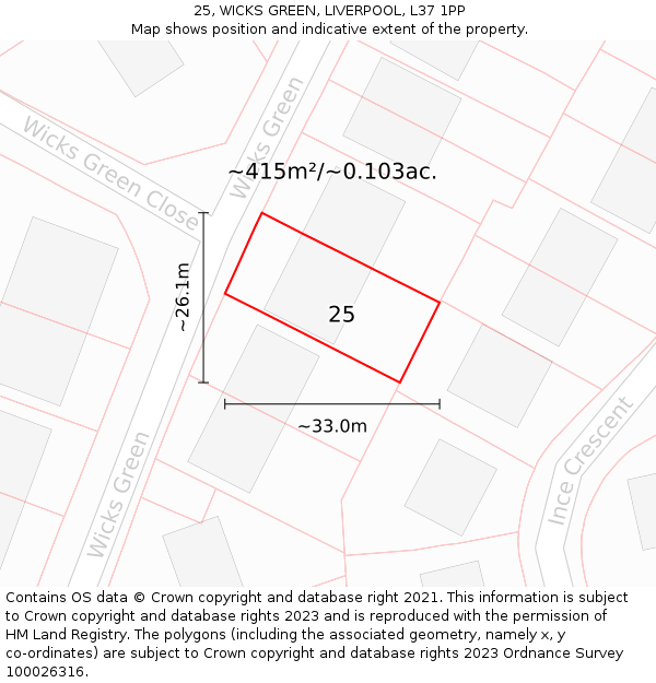25, WICKS GREEN, LIVERPOOL, L37 1PP: Plot and title map