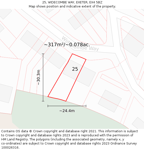 25, WIDECOMBE WAY, EXETER, EX4 5BZ: Plot and title map