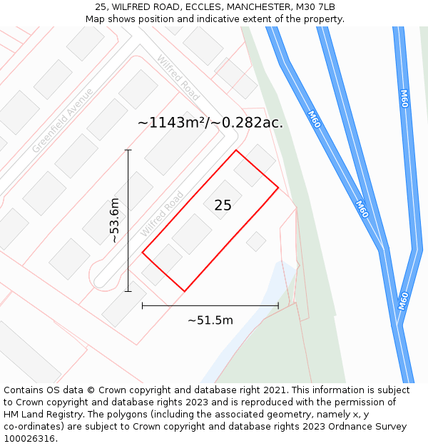 25, WILFRED ROAD, ECCLES, MANCHESTER, M30 7LB: Plot and title map