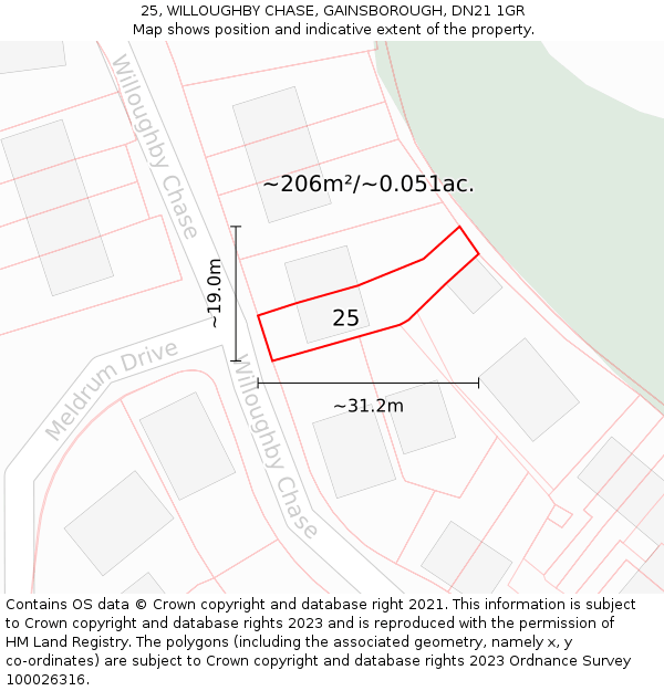 25, WILLOUGHBY CHASE, GAINSBOROUGH, DN21 1GR: Plot and title map
