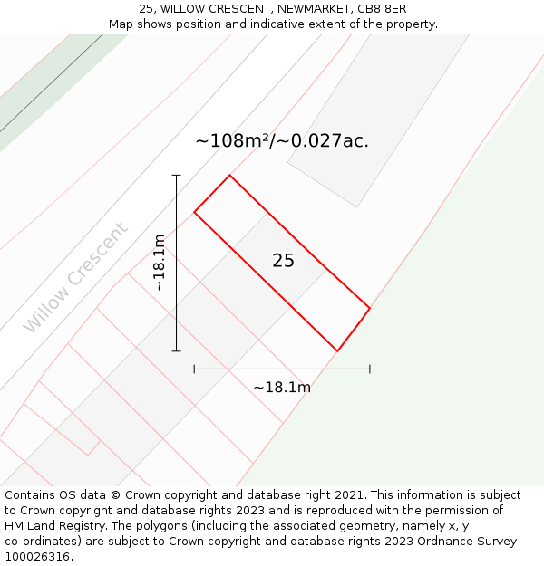 25, WILLOW CRESCENT, NEWMARKET, CB8 8ER: Plot and title map