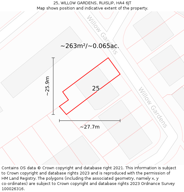 25, WILLOW GARDENS, RUISLIP, HA4 6JT: Plot and title map
