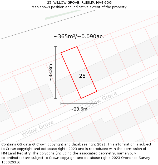 25, WILLOW GROVE, RUISLIP, HA4 6DG: Plot and title map