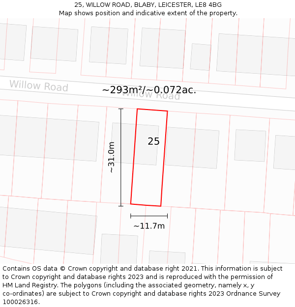 25, WILLOW ROAD, BLABY, LEICESTER, LE8 4BG: Plot and title map