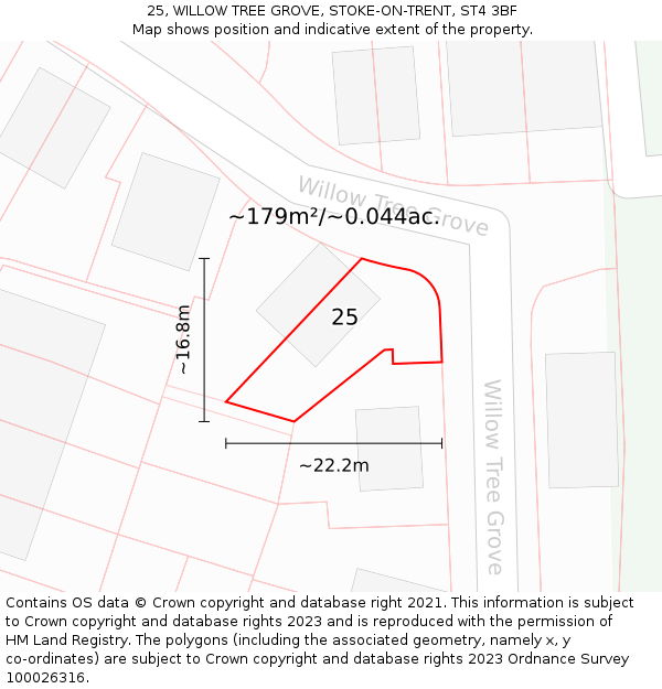 25, WILLOW TREE GROVE, STOKE-ON-TRENT, ST4 3BF: Plot and title map