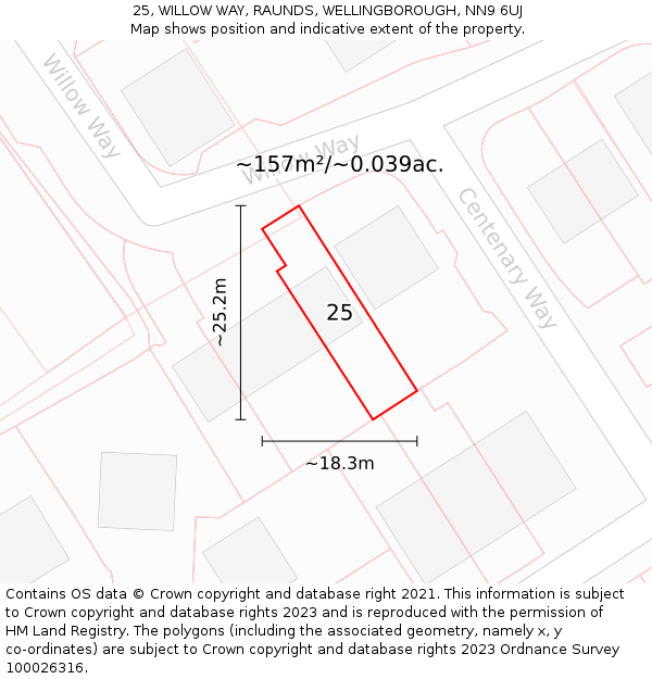 25, WILLOW WAY, RAUNDS, WELLINGBOROUGH, NN9 6UJ: Plot and title map