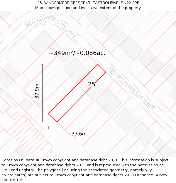 25, WINDERMERE CRESCENT, EASTBOURNE, BN22 8PR: Plot and title map