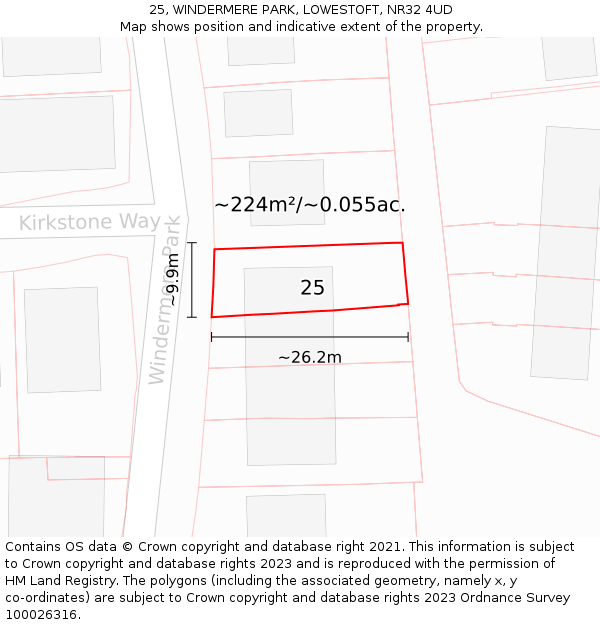 25, WINDERMERE PARK, LOWESTOFT, NR32 4UD: Plot and title map