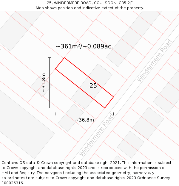 25, WINDERMERE ROAD, COULSDON, CR5 2JF: Plot and title map