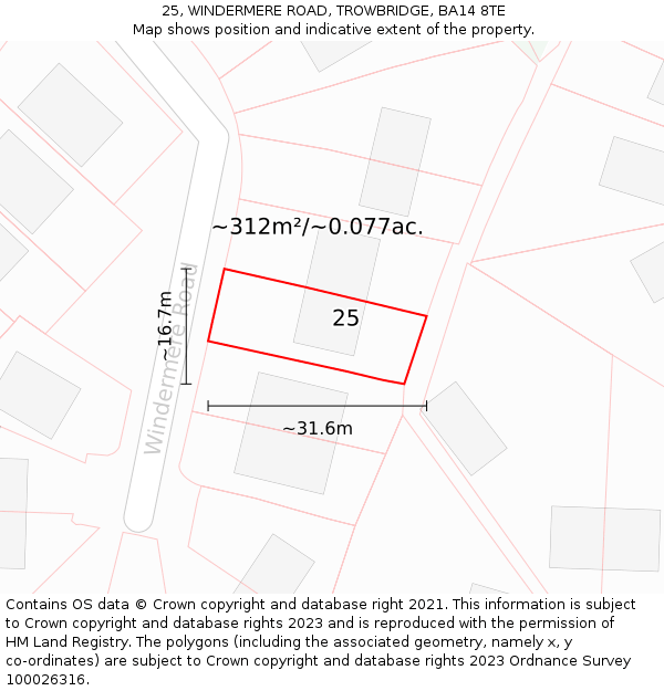 25, WINDERMERE ROAD, TROWBRIDGE, BA14 8TE: Plot and title map