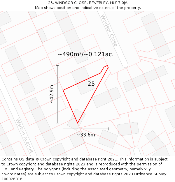 25, WINDSOR CLOSE, BEVERLEY, HU17 0JA: Plot and title map