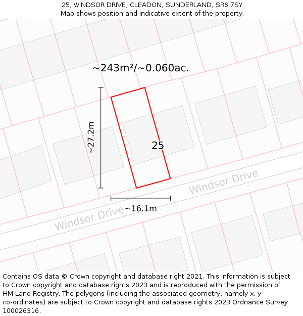 25, WINDSOR DRIVE, CLEADON, SUNDERLAND, SR6 7SY: Plot and title map