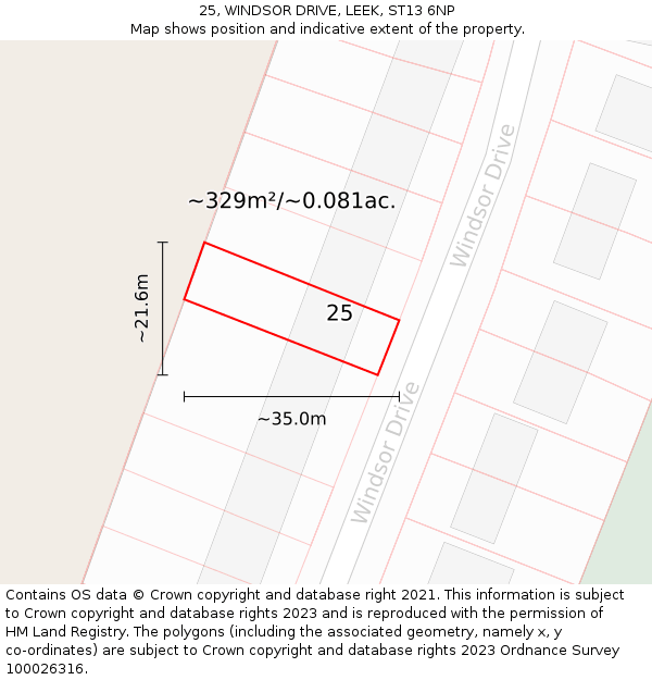 25, WINDSOR DRIVE, LEEK, ST13 6NP: Plot and title map
