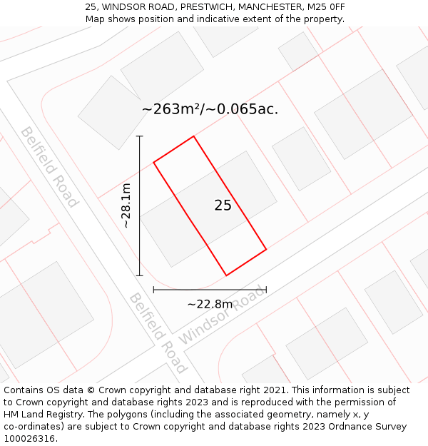 25, WINDSOR ROAD, PRESTWICH, MANCHESTER, M25 0FF: Plot and title map