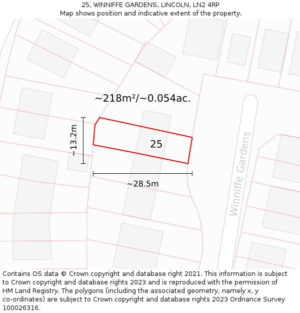 25, WINNIFFE GARDENS, LINCOLN, LN2 4RP: Plot and title map