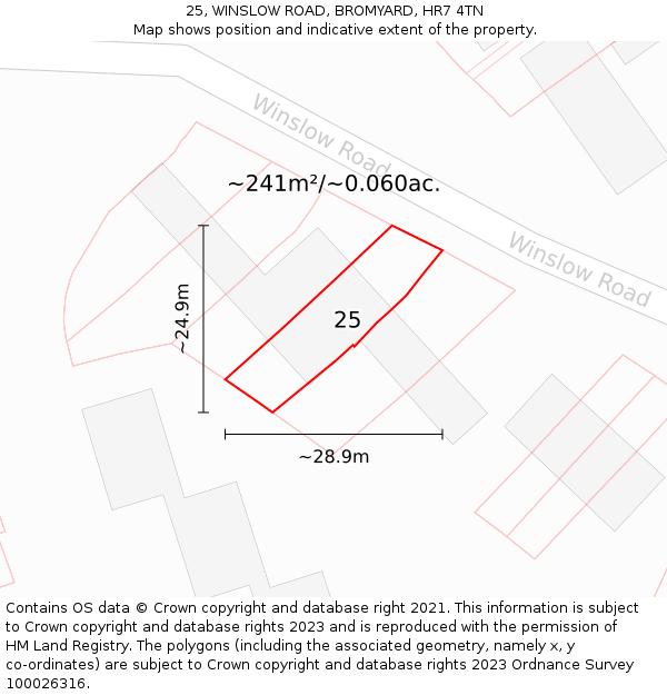 25, WINSLOW ROAD, BROMYARD, HR7 4TN: Plot and title map