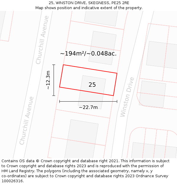 25, WINSTON DRIVE, SKEGNESS, PE25 2RE: Plot and title map