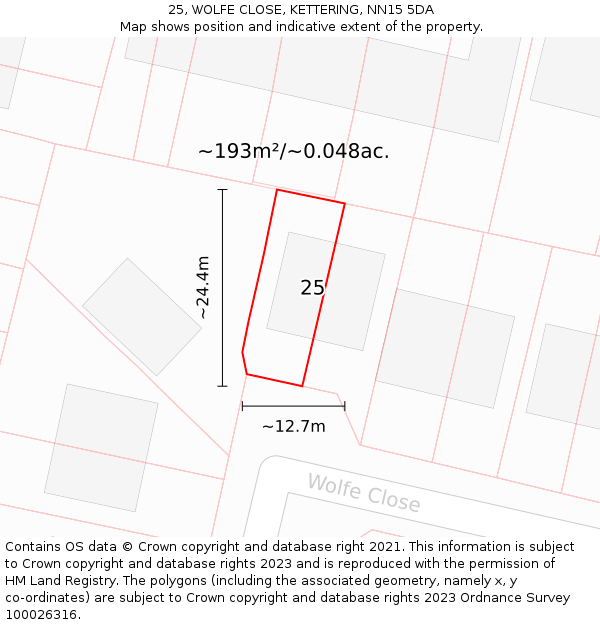 25, WOLFE CLOSE, KETTERING, NN15 5DA: Plot and title map