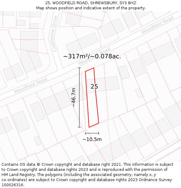 25, WOODFIELD ROAD, SHREWSBURY, SY3 8HZ: Plot and title map