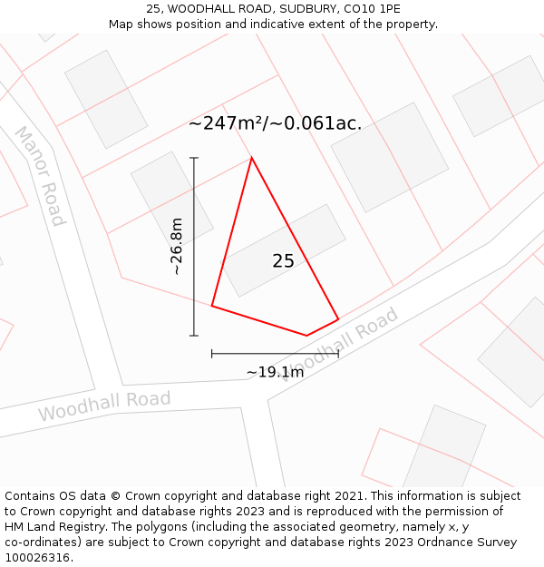 25, WOODHALL ROAD, SUDBURY, CO10 1PE: Plot and title map