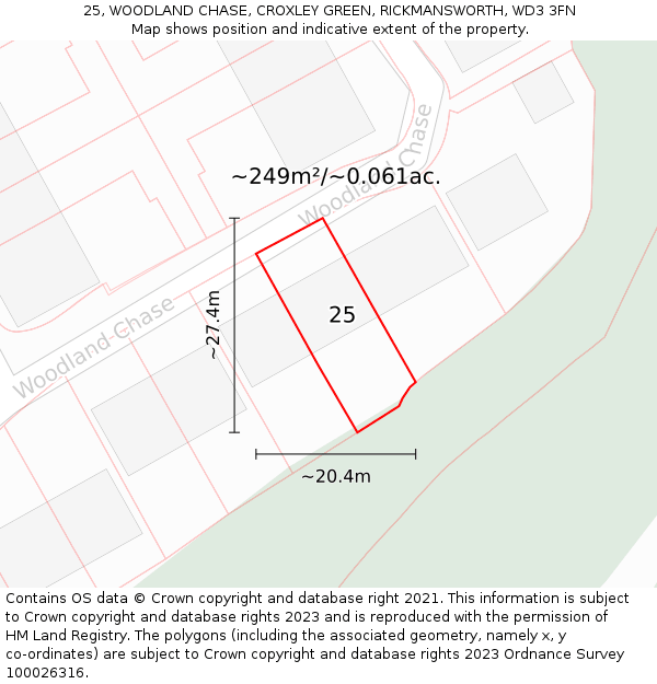 25, WOODLAND CHASE, CROXLEY GREEN, RICKMANSWORTH, WD3 3FN: Plot and title map
