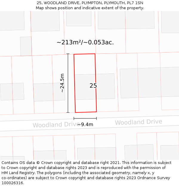 25, WOODLAND DRIVE, PLYMPTON, PLYMOUTH, PL7 1SN: Plot and title map