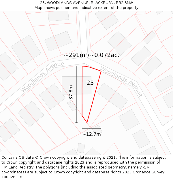 25, WOODLANDS AVENUE, BLACKBURN, BB2 5NW: Plot and title map