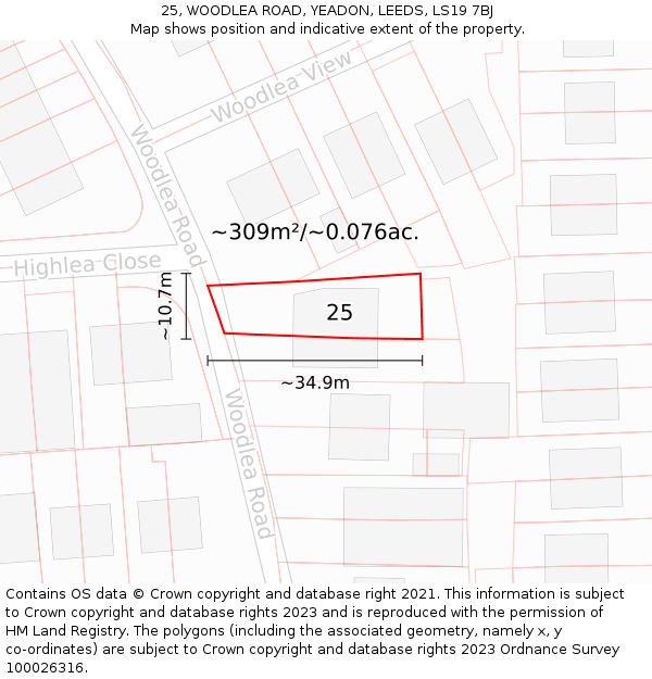 25, WOODLEA ROAD, YEADON, LEEDS, LS19 7BJ: Plot and title map