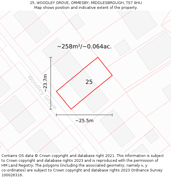 25, WOODLEY GROVE, ORMESBY, MIDDLESBROUGH, TS7 9HU: Plot and title map